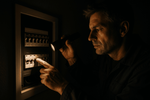 Ein Mann der im Dunklen mit der Taschenlampe den Sicherungkasten anstrahlt und eine Sicherung sucht.