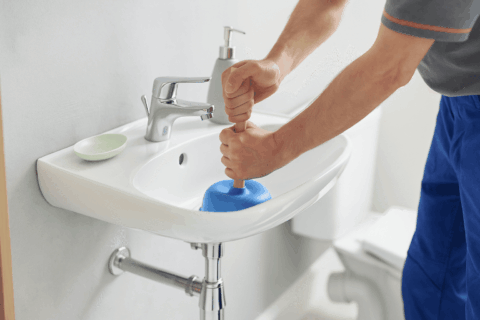 Ein Handwerker, der mit einem Pömpel ein verstopftes Waschbecken bearbeitet.