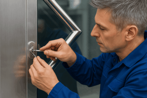 Ein Mann in blauer Kleidung, der versucht ein Schloss zu öffnen.