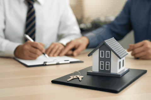 Ein Mensch unterzeichnet einen Vertrag, ein weiterer deutet auf ein Detail, auf dem Tisch liegen noch ein Haus und Schlüssel.