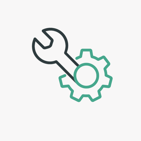 Ein stilisierter Schraubenschlüssel an einem Zahnrad als Icon.