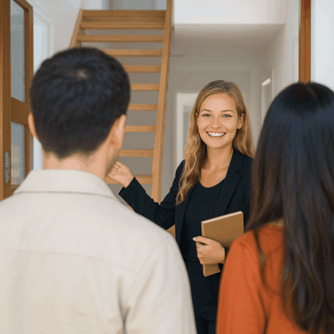 Ein Frau im Austausch mit zwei Menschen in einem Haus.
