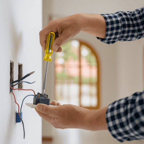 Zwei Hände halten einen Schraubendreher und Stromkabel.