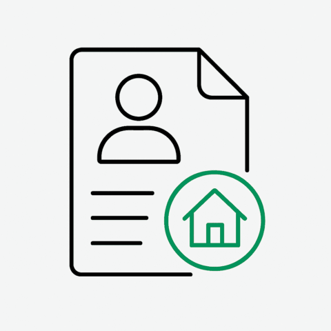 Ein stilisierter Papierbogen mit einer Person und einem Haus als Icon.