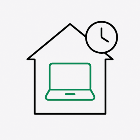 Ein stilisiertes Haus, in dem ein Laptop steht und eine Uhr zu sehen ist als Icon.