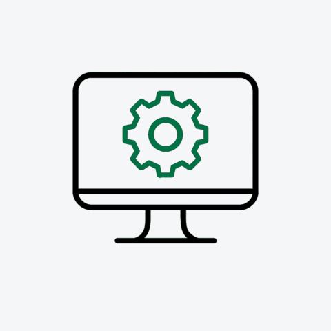 Ein stilisierter Bildschirm mit einem Zahnrad in der MItte als Icon.