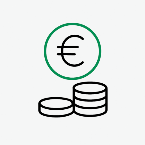 Zwei gestapelte Münzhaufen und darüber das Euro-Zeichen als Icon.