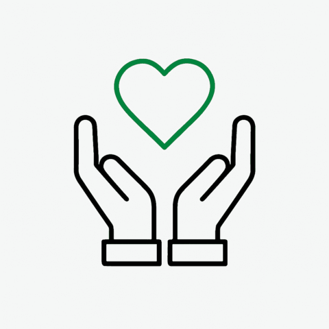 Zwei stilisierte Hände, die ein Herz umfassen als Icon.