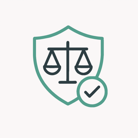 Ein stilisiertes Wappen mit einer Waage und einem Check-Haken als Icon.