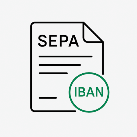 Ein stilisierter Papierbogen auf dem SEPA und IBAN stehen als Icon.