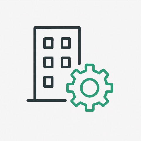 Ein stilisiertes Haus mit einem Zahnrad als Icon.