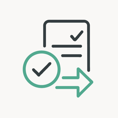 Ein stilisiertes Dokument, ein grüner Pfeil und ein Check-Haken als Icon.